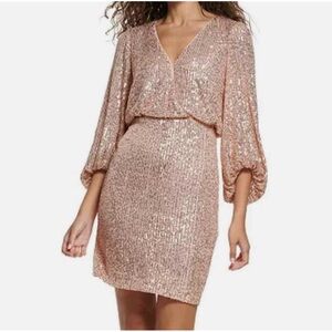 Eliza J Long Sleeved Sequinned Dress Mauve Pink V-Neck‎ 6